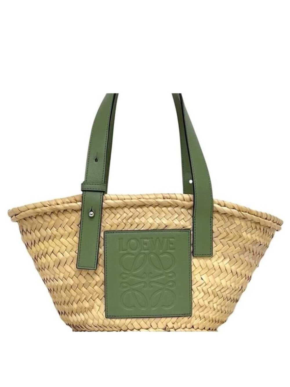 Loewe Basket Bag Small Anagram Raffia Palm Leaf Calfskin Natural Rosemary Green